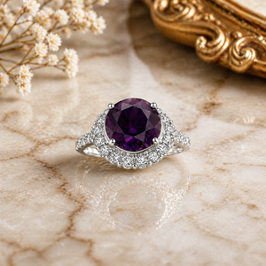 Amethyst Double Halo Ring in 925 sterling silver – detail view
