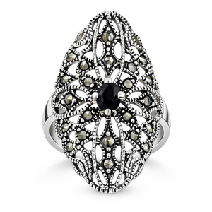 Floral Black & Green Onyx Marcasite Ring in 925 sterling silver – main view