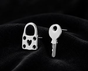 Luxe Lock & Key Stud Earrings in 925 sterling silver – display view