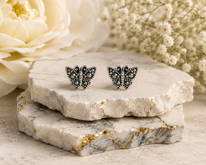 Midnight Monarch Marcasite Butterfly Stud Earrings in 925 sterling silver – side view