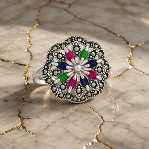 Celestia Floral Marcasite Ring in 925 sterling silver – size guide