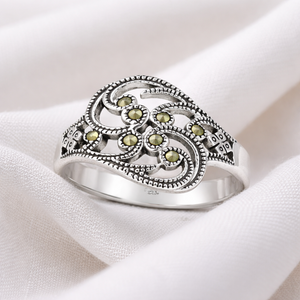 Marcasite Double Leaf Branch Ring in 925 sterling silver – side view