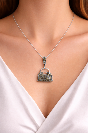 Marcasite Handbag Pendant in 925 sterling silver – angle view