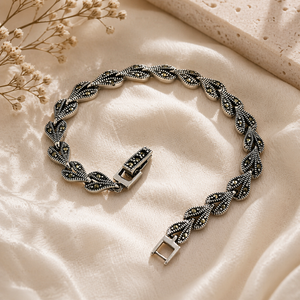 Marcasite Leaf Link Bracelet in 925 sterling silver – angle view