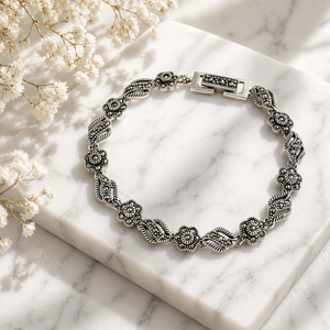 Marcasite Wave Flower Bracelet in 925 sterling silver – side view