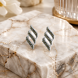 Twisted Marcasite Ribbon Stud Earrings in 925 sterling silver – side view