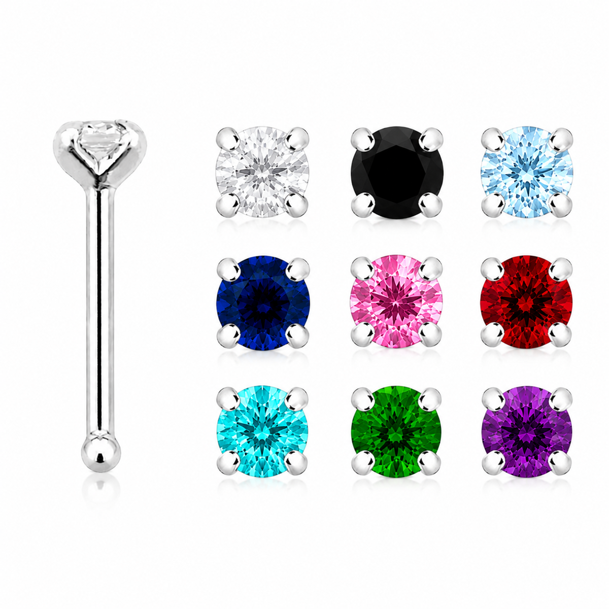 2mm Round Crystal Prong-Set Nose Stud in 925 sterling silver – main view