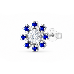 A single floral cluster stud earring featuring a central clear round-cut gemstone surrounded by eight deep blue round-cut gemstones in a silver-toned setting, with a visible post and backing stamped 925.