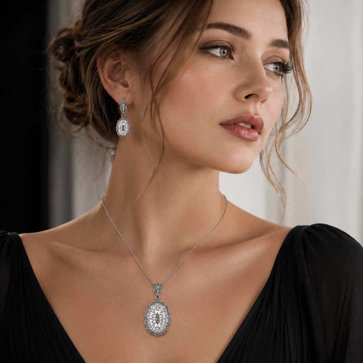 Marcasite Filigree Oval Pendant