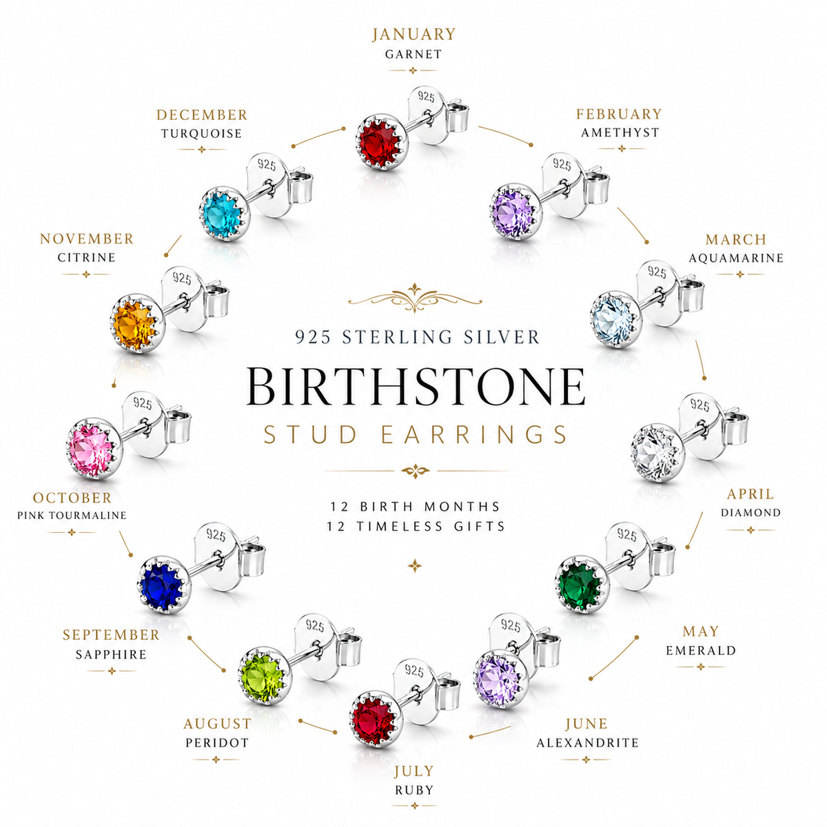 Crown Birthstone Stud Earrings