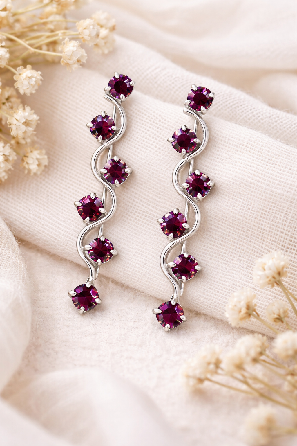 925 Sterling Silver Star Branch Climber Earrings with Burgundy Zircons – angle view