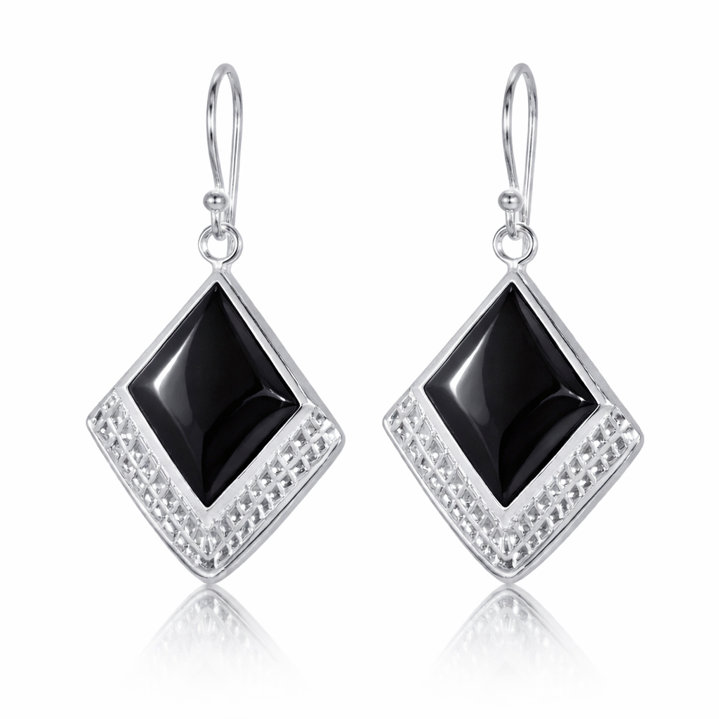 Black Onyx Textured Square Drop Earrings in 925 sterling silver – main view