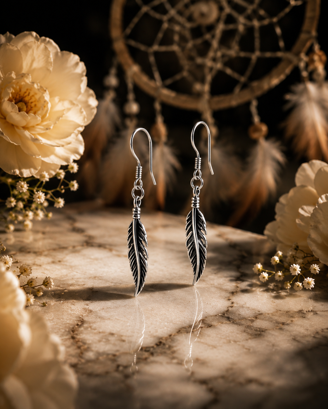 Aether Feather Drop Earrings in 925 sterling silver – side view