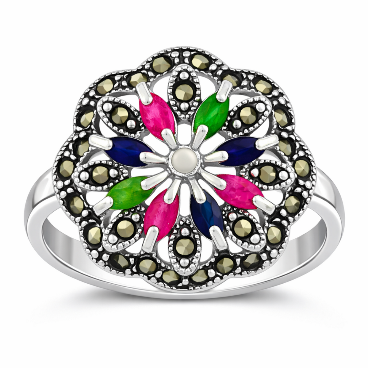 Celestia Floral Marcasite Ring in 925 sterling silver – back view