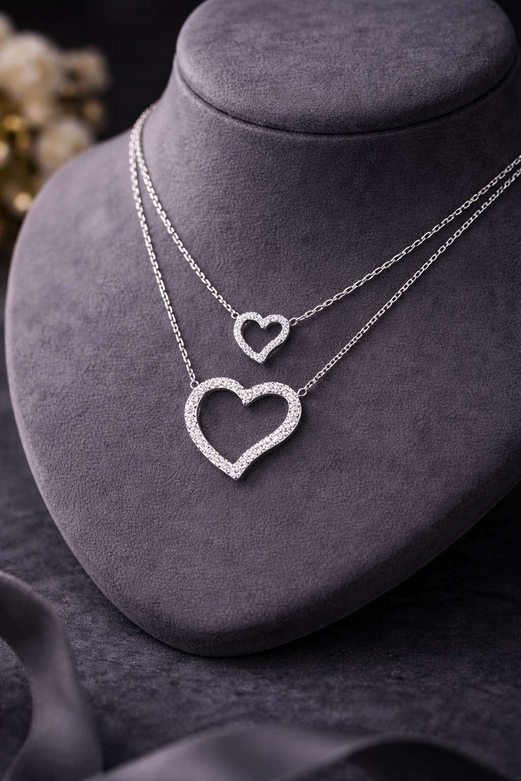 Double Layer Heart Necklace in 925 sterling silver – side view