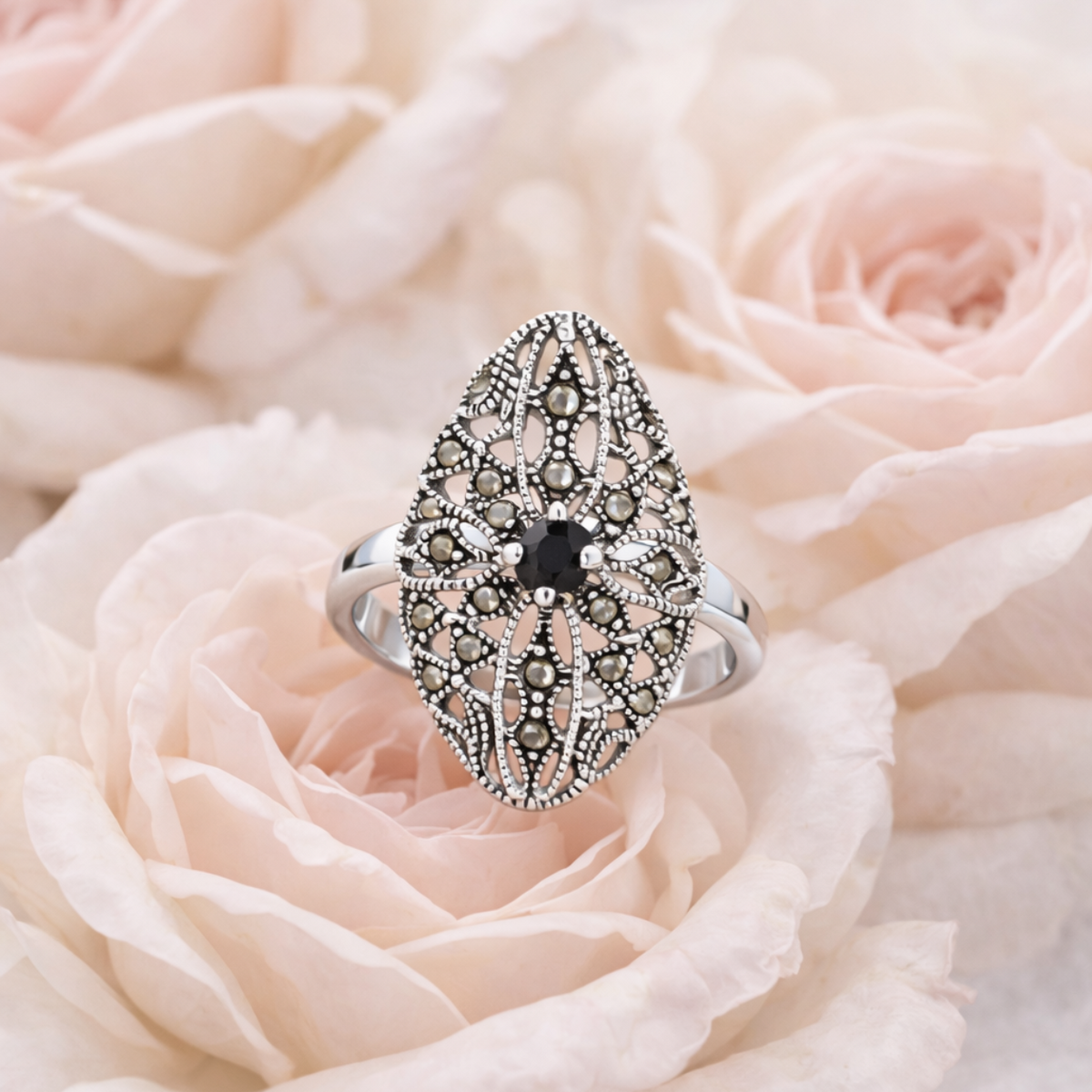Floral Black & Green Onyx Marcasite Ring in 925 sterling silver – angle view