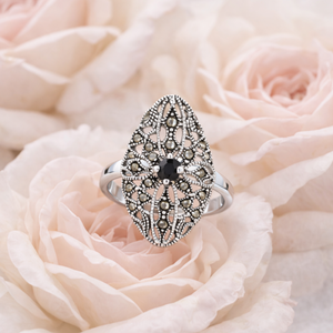 Floral Black & Green Onyx Marcasite Ring in 925 sterling silver – angle view