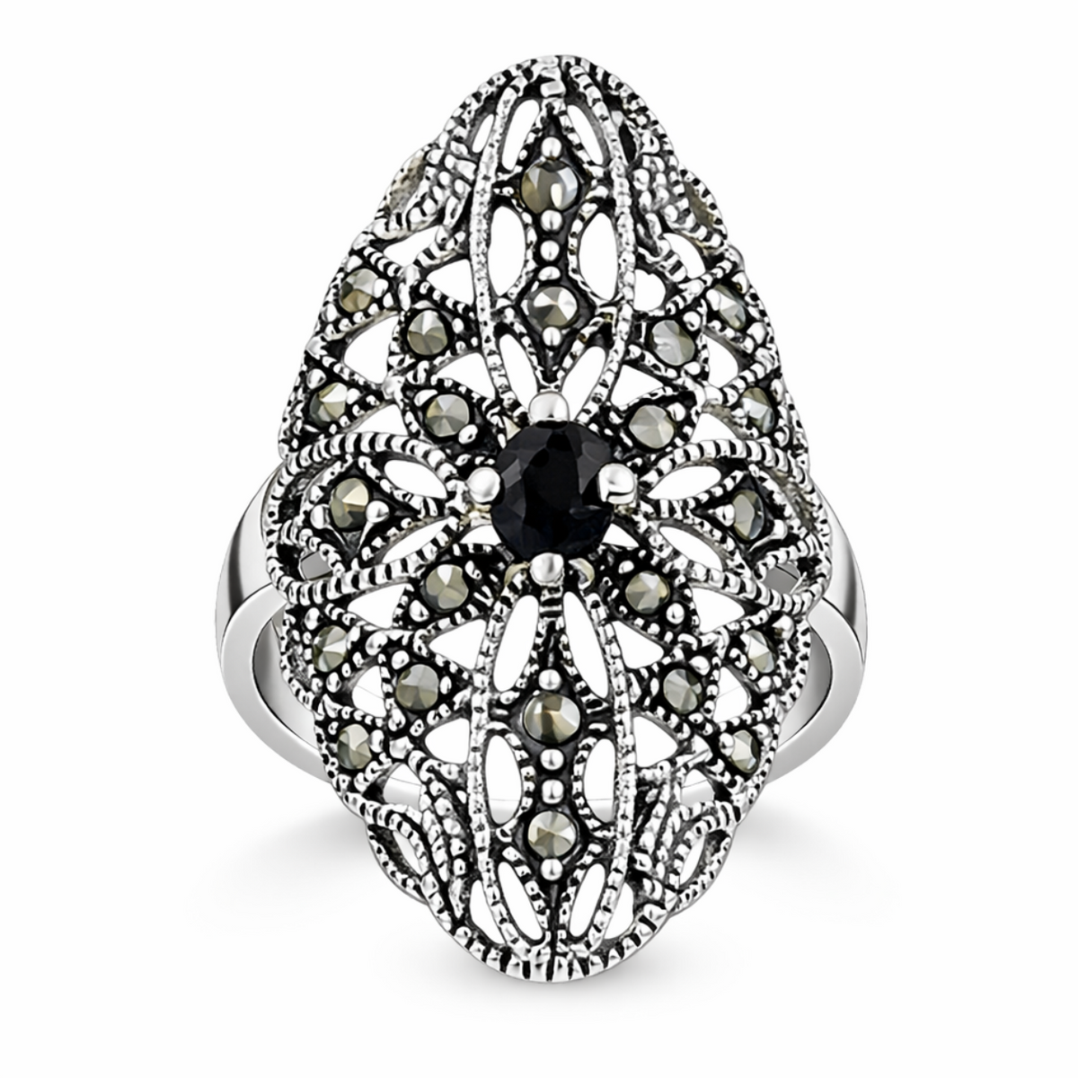 Floral Black & Green Onyx Marcasite Ring in 925 sterling silver – main view