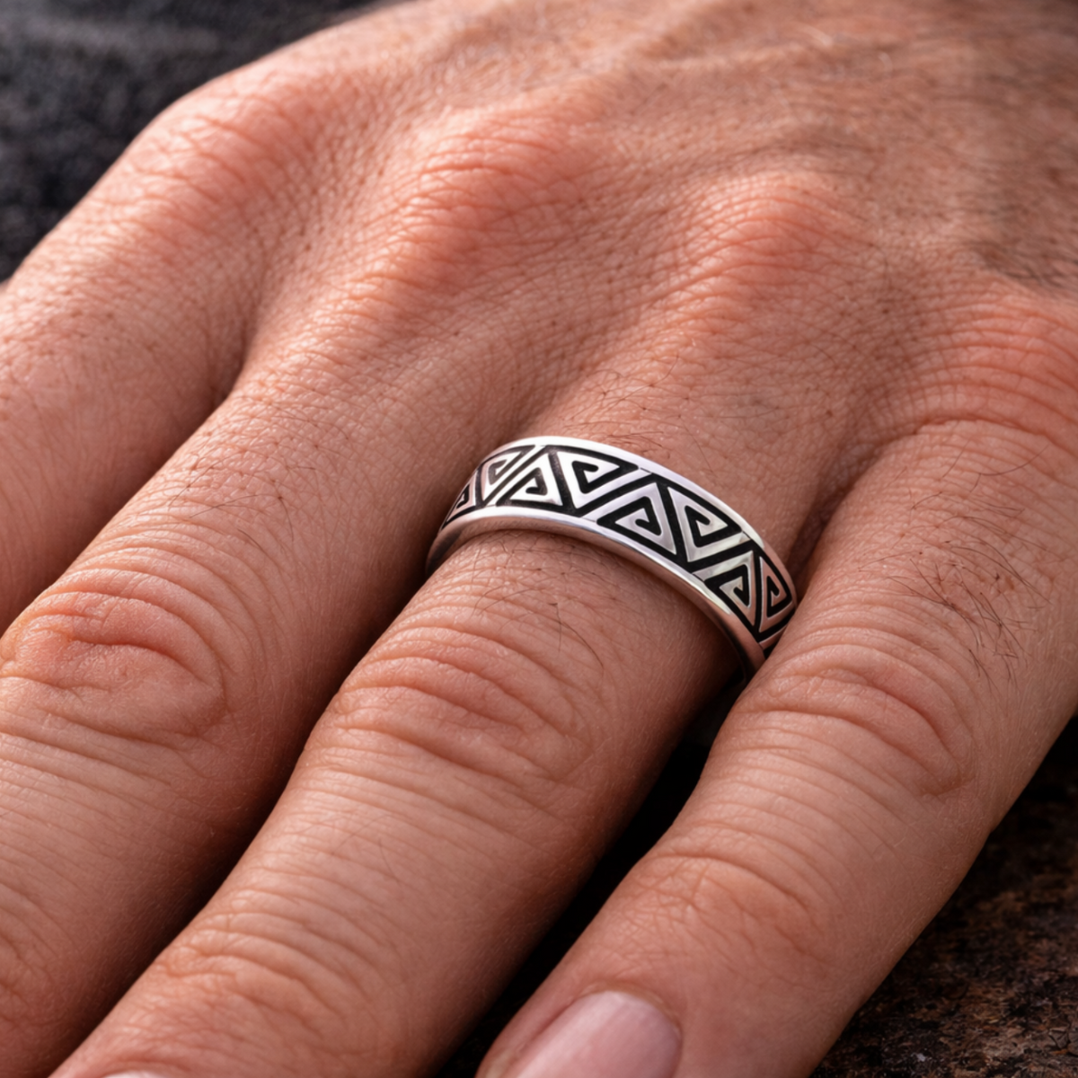 Greek Key Triangle Ring in 925 sterling silver – angle view