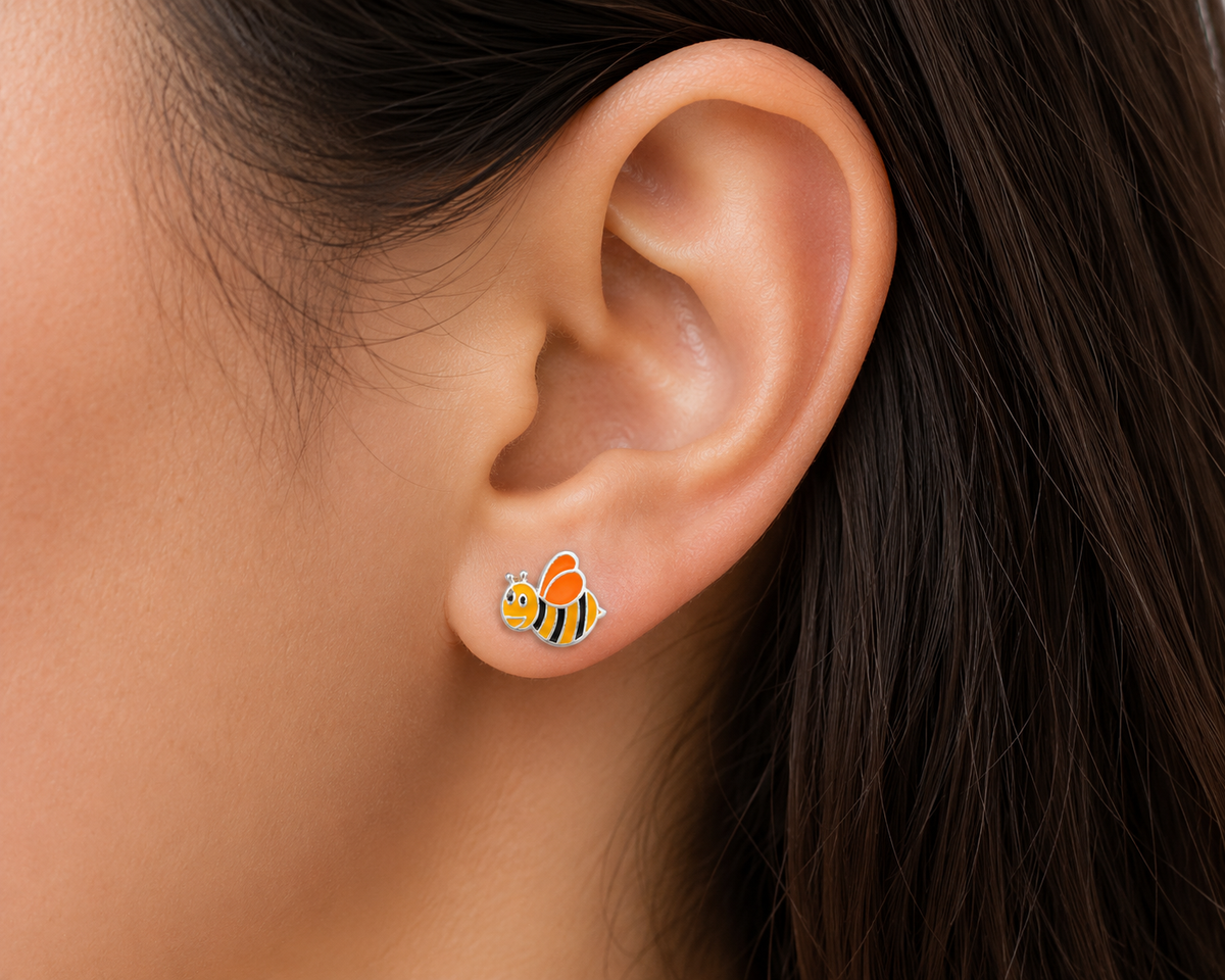 Honey Bee Enamel Stud Earrings in 925 sterling silver – angle view