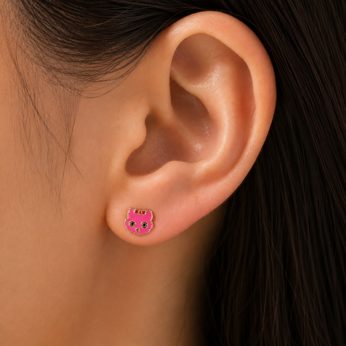 Whimsical Kitty Face Enamel Stud Earrings in 925 sterling silver – angle view