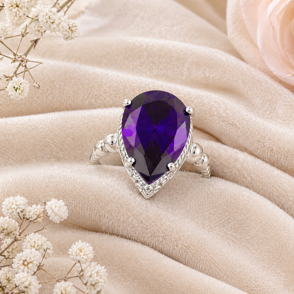 Large Pear-Cut Dark Purple Crystal Ring