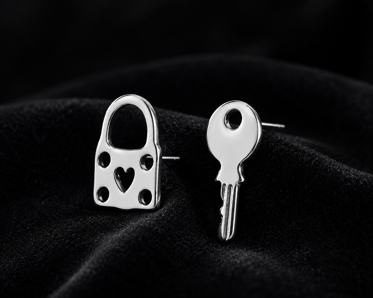 Luxe Lock & Key Stud Earrings in 925 sterling silver – display view