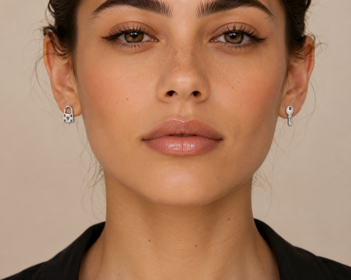 Luxe Lock & Key Stud Earrings in 925 sterling silver – model view