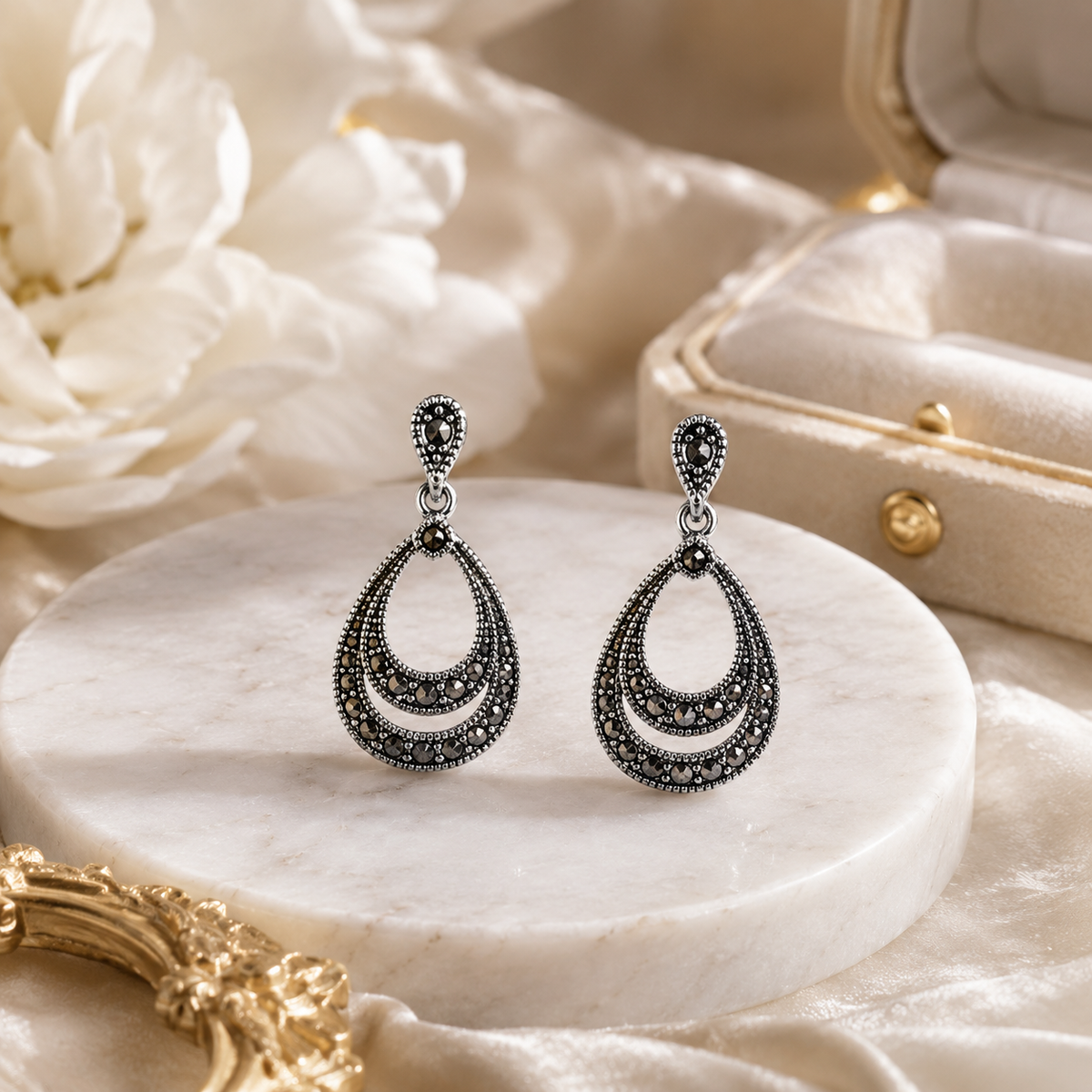 Luxury Marcasite Door Knocker Drop Earrings in 925 sterling silver – angle view