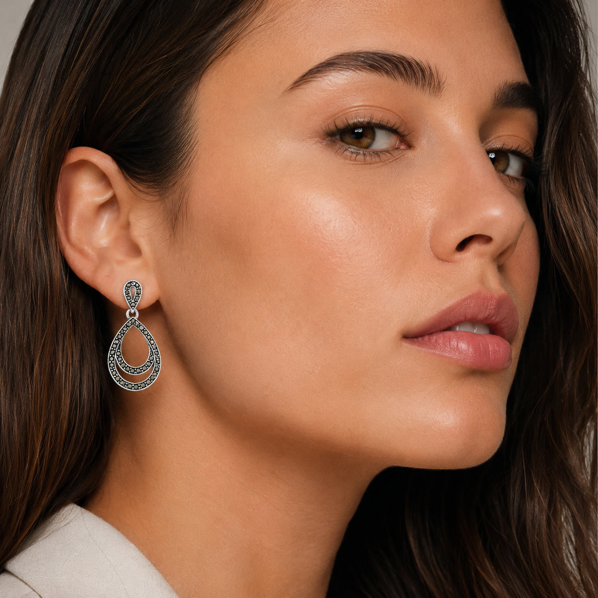 Luxury Marcasite Door Knocker Drop Earrings in 925 sterling silver – side view