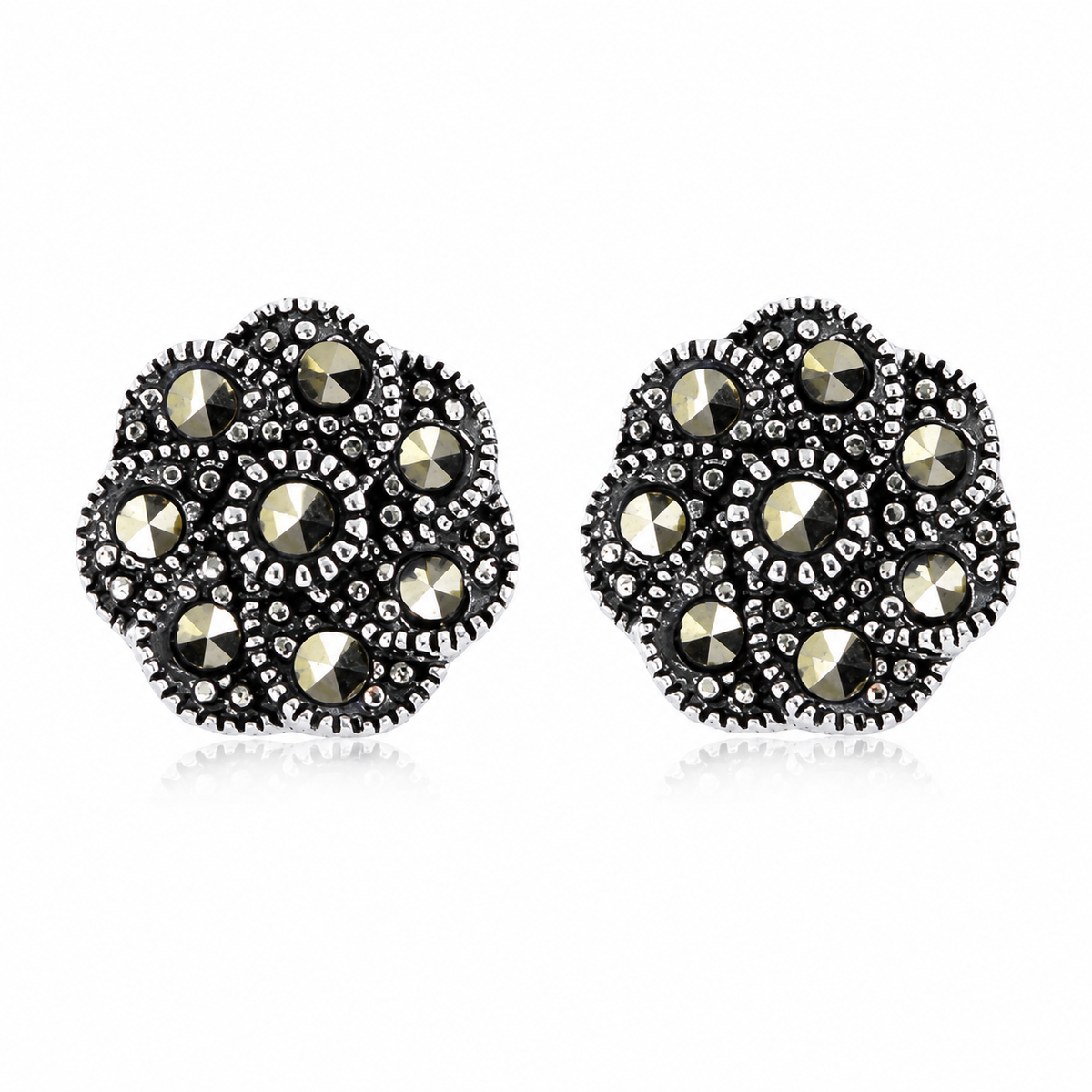 Celestial Mosaic Marcasite Flower Stud Earrings in 925 sterling silver – main view