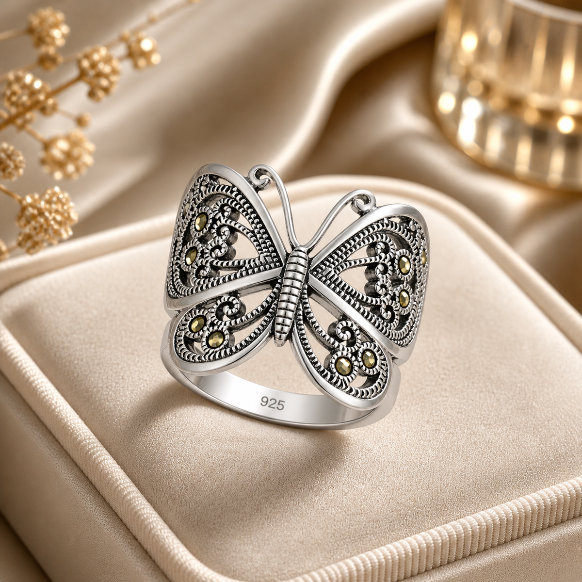 Marcasite Butterfly Filigree Ring in 925 sterling silver – side view