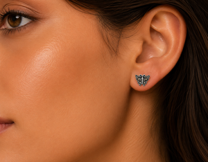 Midnight Monarch Marcasite Butterfly Stud Earrings in 925 sterling silver – angle view
