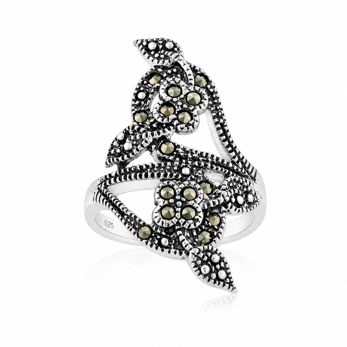 Marcasite Double Flower Vine Ring in 925 sterling silver – main view