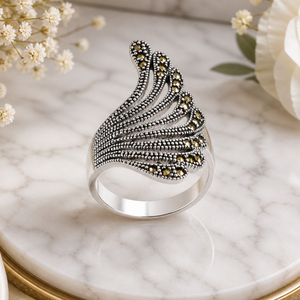 Marcasite Feather Cocktail Ring in 925 sterling silver – side view