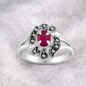Marcasite Floral Gemstone Ring in 925 sterling silver – detail view