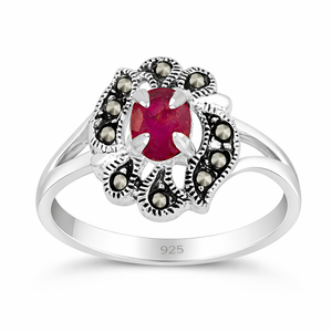 Marcasite Floral Gemstone Ring in 925 sterling silver – side view