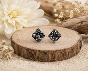 Noir Marcasite Geometric Stud Earrings in 925 sterling silver – side view