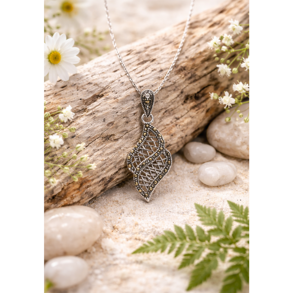 Marcasite Hollow Double Leaf Pendant in 925 sterling silver – additional view