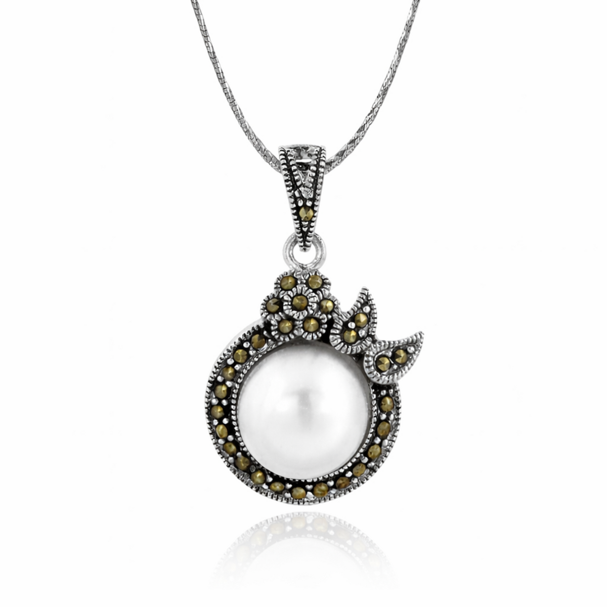 Marcasite Pearl Floral Pendant in 925 sterling silver – side view