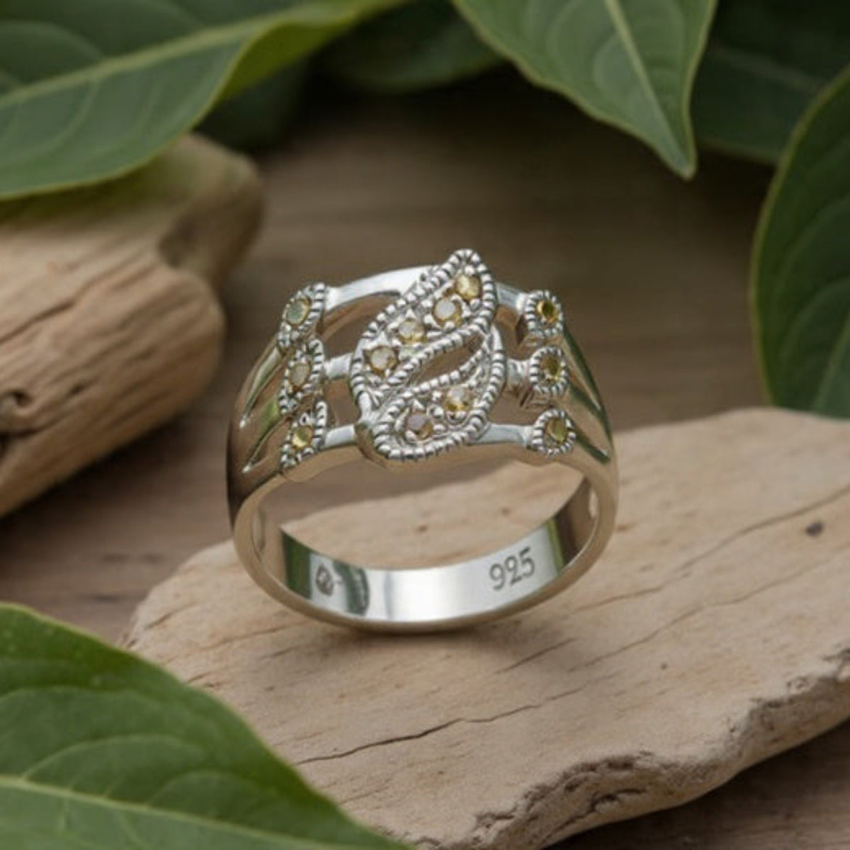 Marcasite Large & Small Leaf Ring in 925 sterling silver – side view