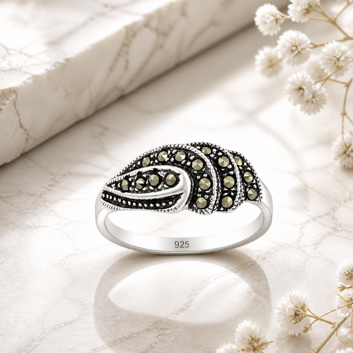 Marcasite Leaf Pattern Ring in 925 sterling silver – side view