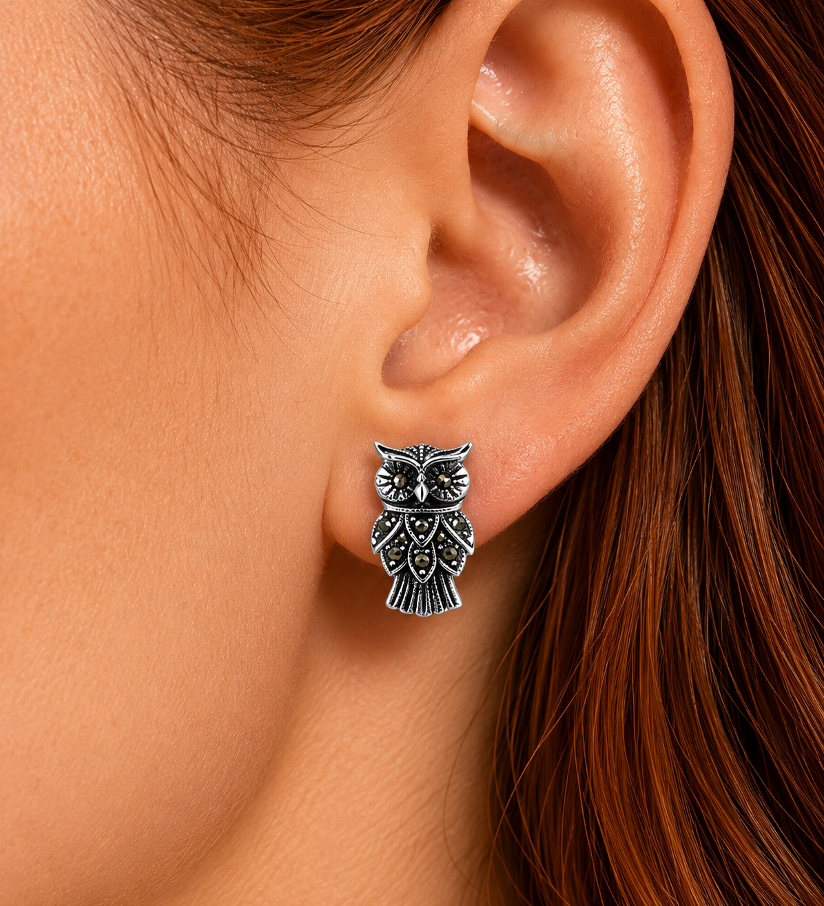 Royal Marcasite Owl Stud Earrings in 925 sterling silver – additional view