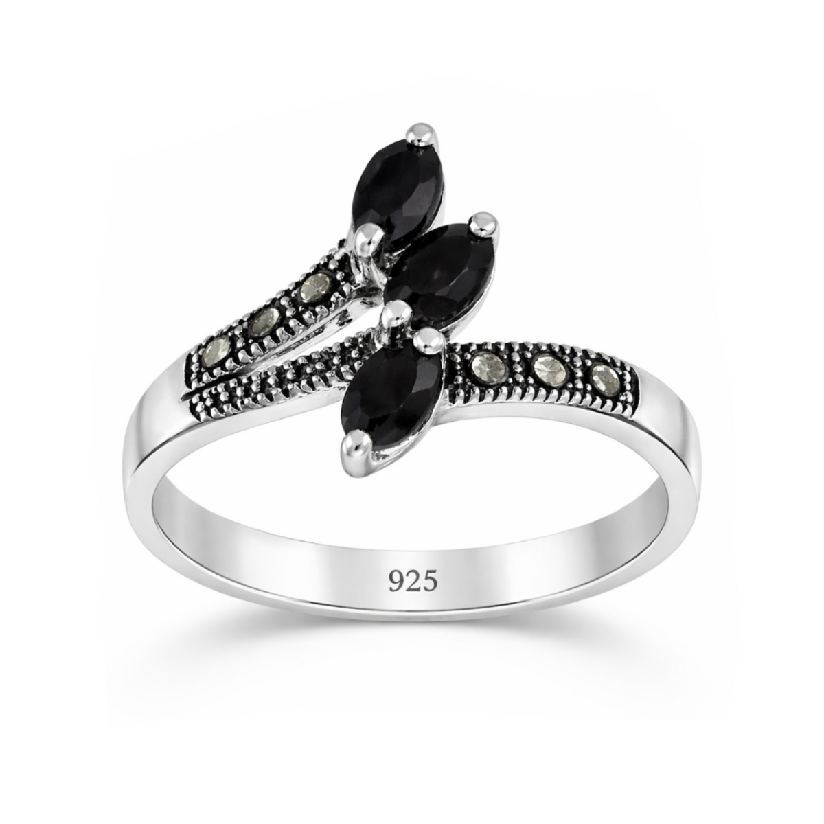 Marquise Ruby & Black Sapphire Leaf Ring in 925 sterling silver – main view