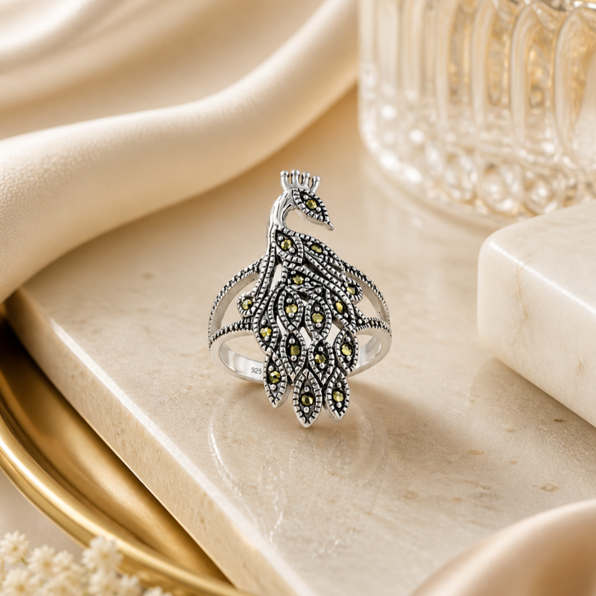 Peacock Marcasite Ring in 925 sterling silver – side view
