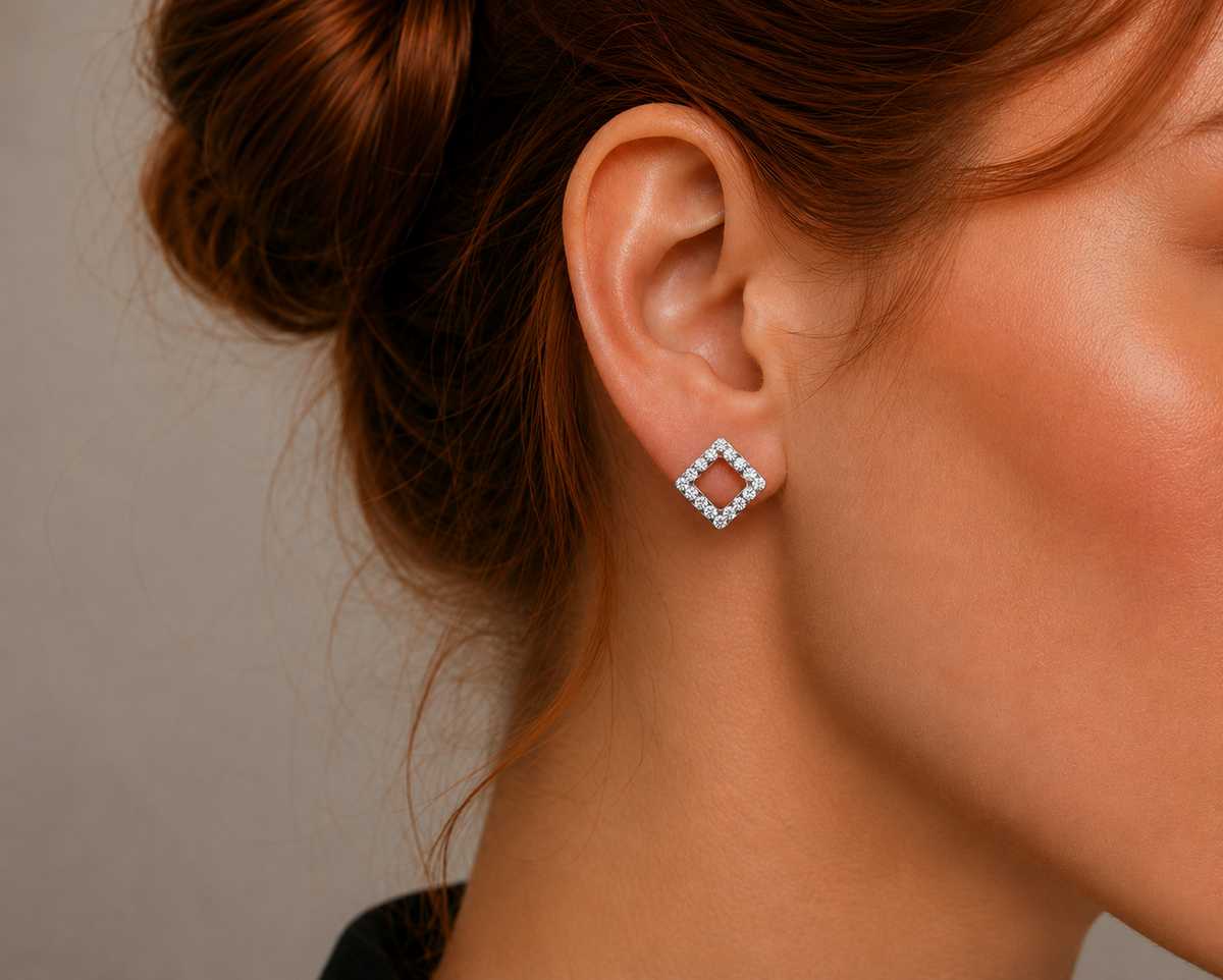 Radiant Diamond Frame Stud Earrings in 925 sterling silver – angle view