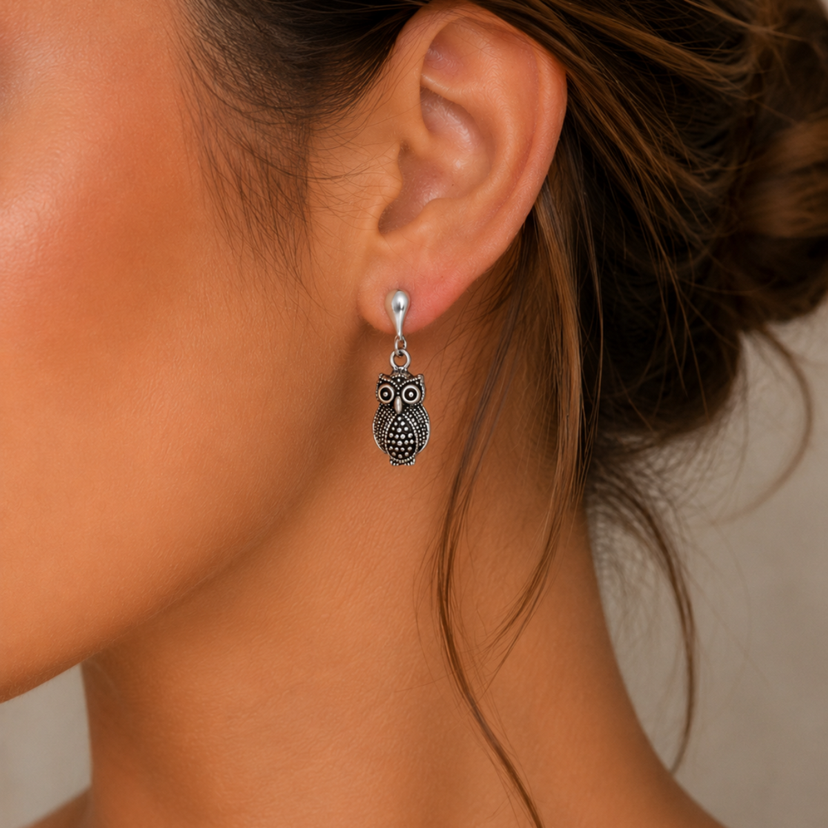 Antique Owl Drop Earrings in 925 sterling silver – angle view