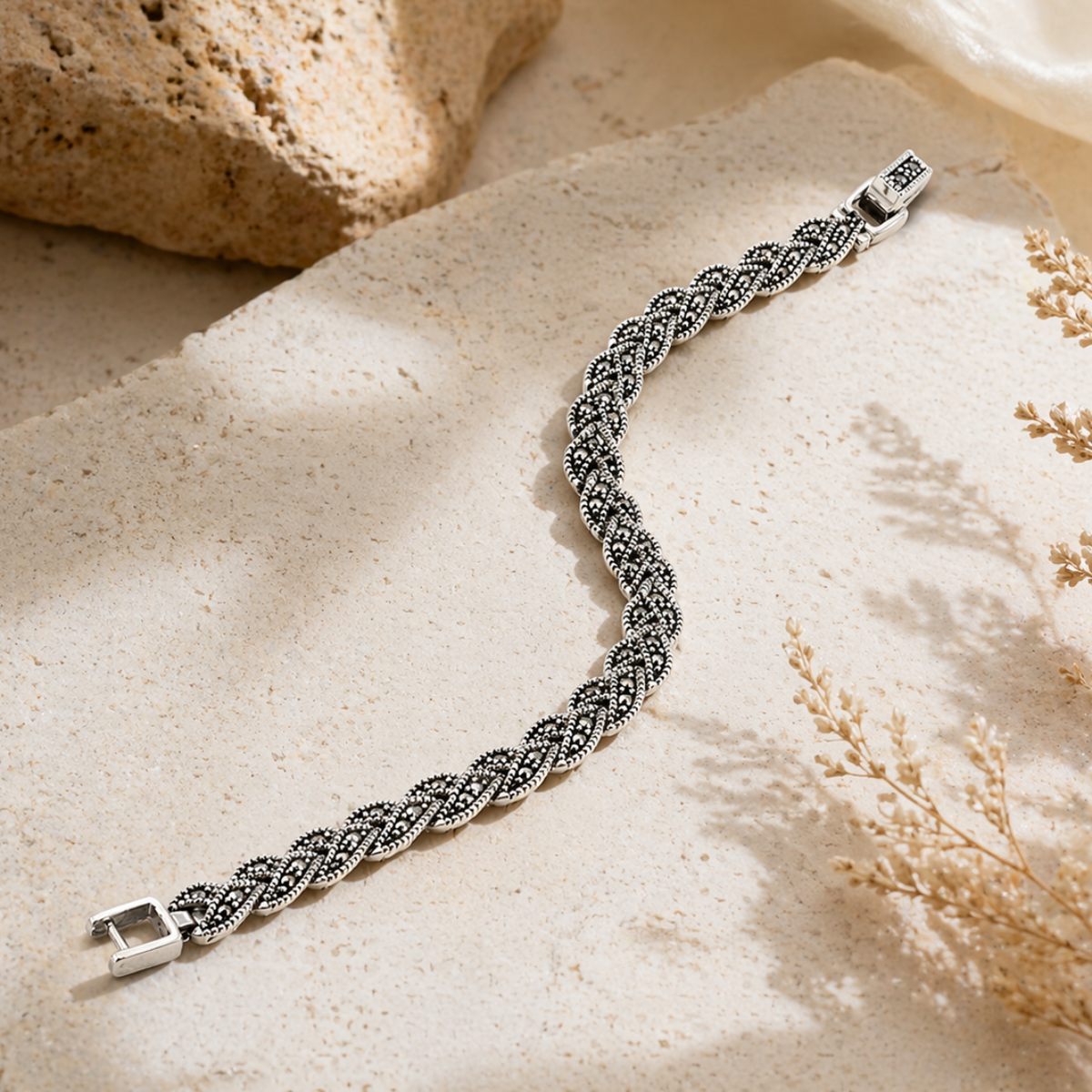 Marcasite Teardrop Link Bracelet in 925 sterling silver – angle view