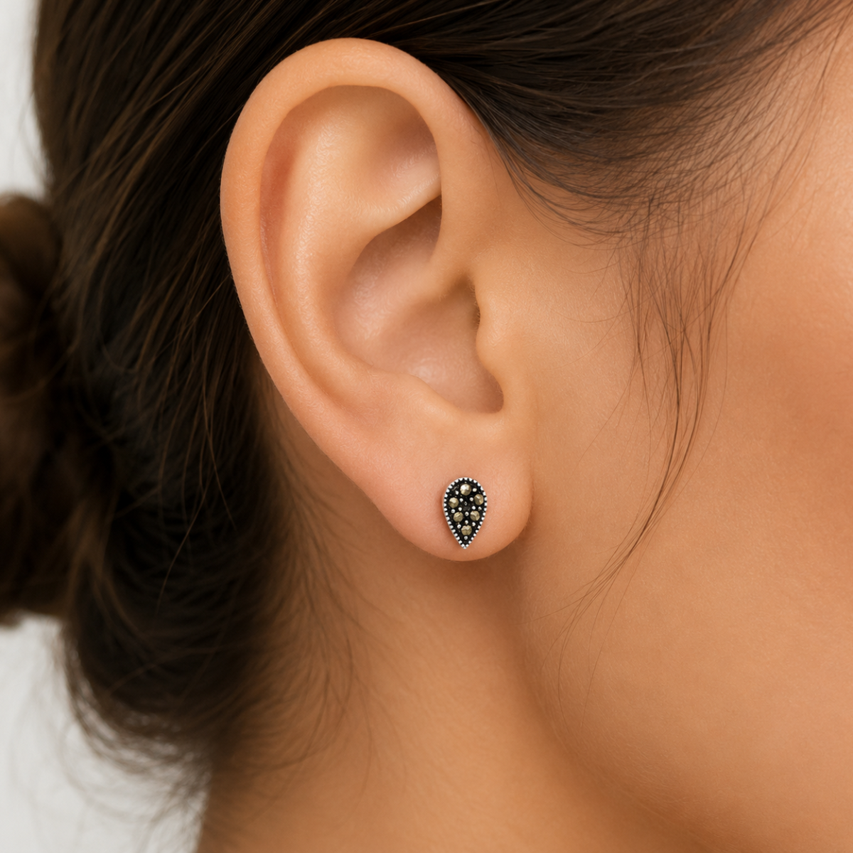 Vintage Marcasite Teardrop Stud Earrings in 925 sterling silver – angle view