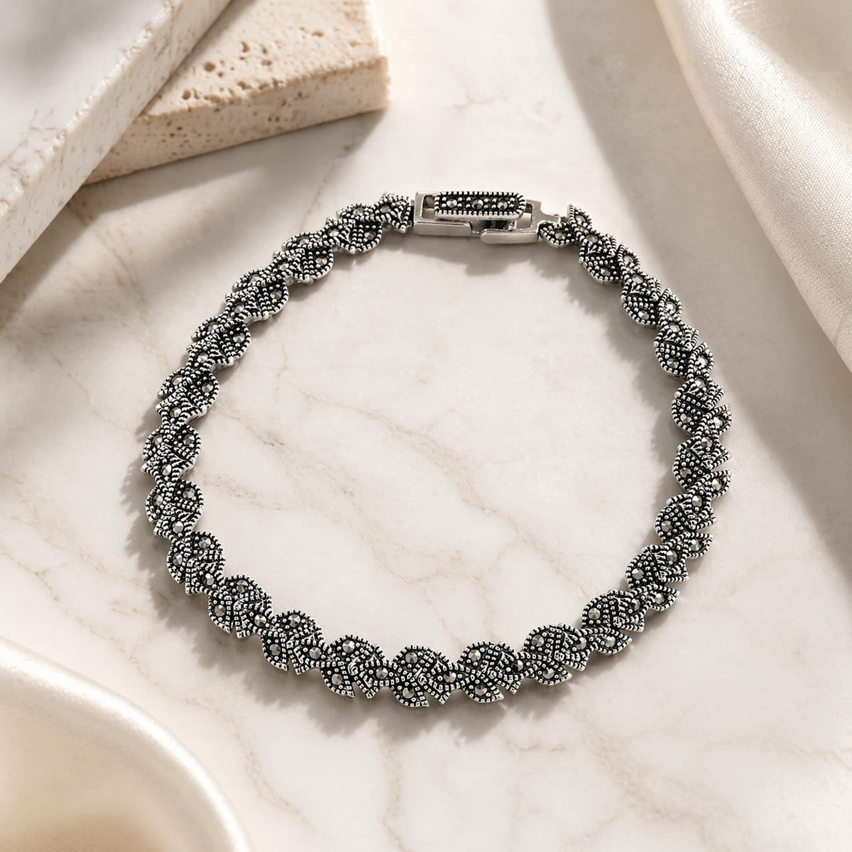Marcasite Three Leaf Bracelet in 925 sterling silver – side view